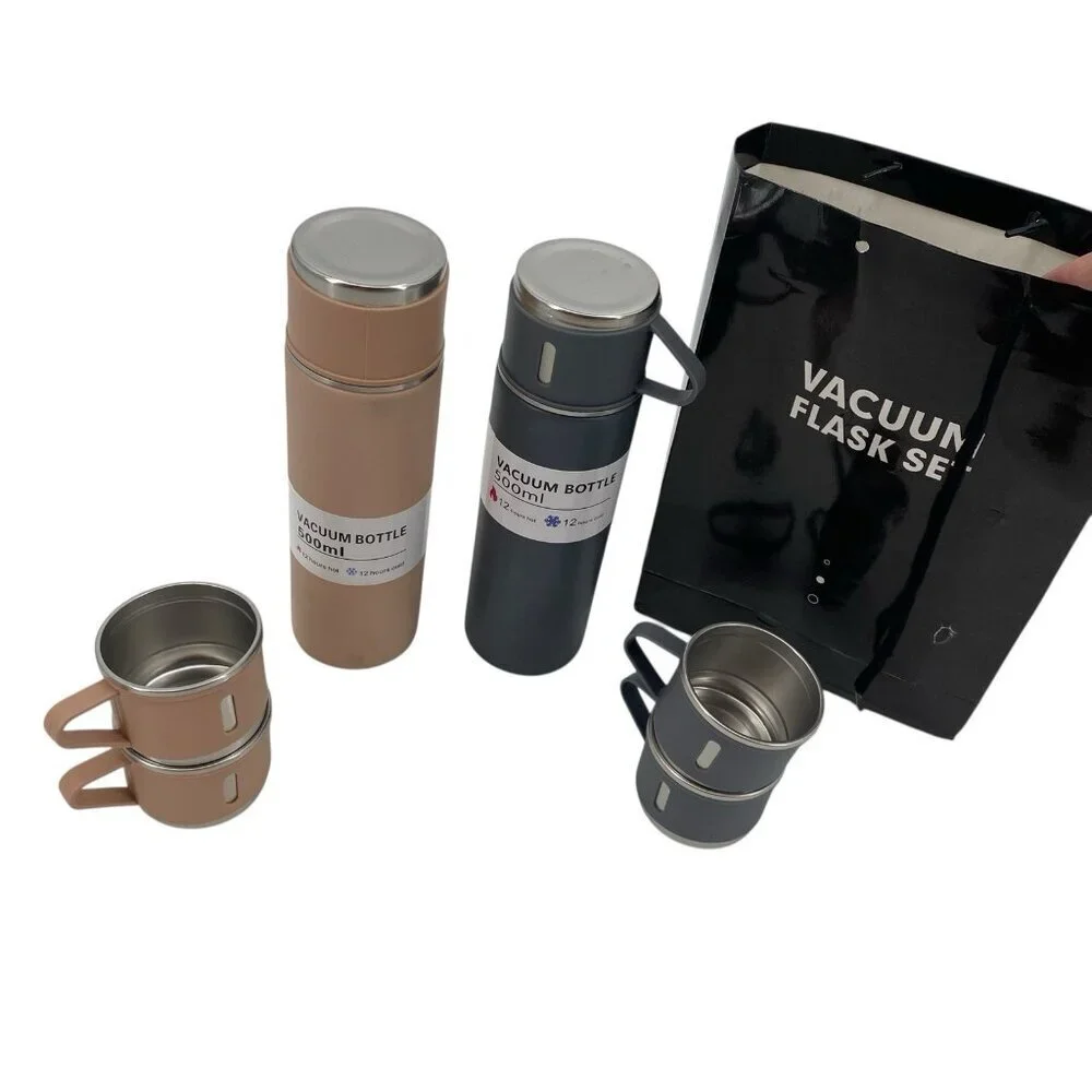 Vacuum Flask (2 Qty) Gift Set 500ML With 4 Extra Cups Pink And Black
